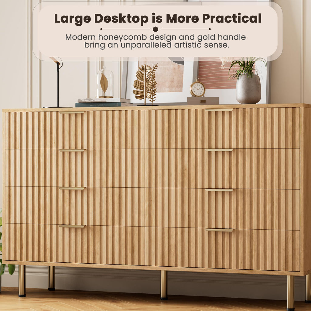 55" Fluted Natural 8 Drawer Dresser with Deep Drawer