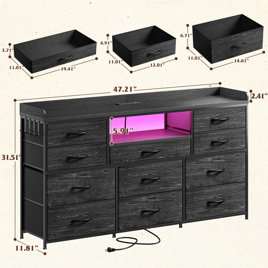 LED Dresser with 11 Drawers & Power Outlets, Black