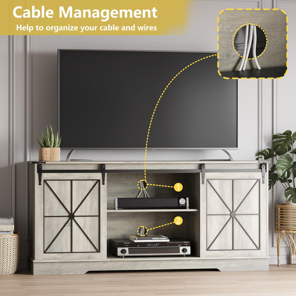 Farmhouse TV Stand for 65/60/55 Inch Tvs, Sliding Barn Doors, Grey