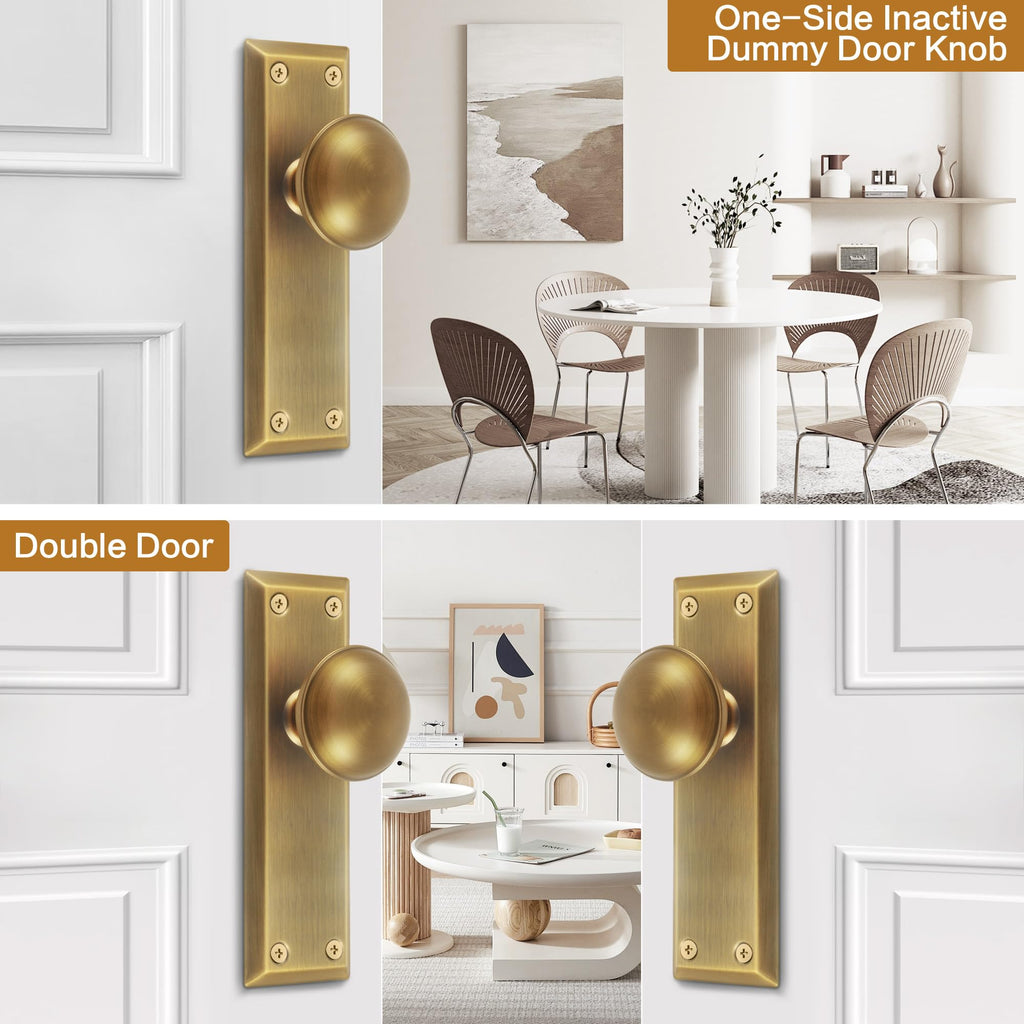 2 Pack Single Sided Vintage Dummy Door Knobs Interior, Antique Brass