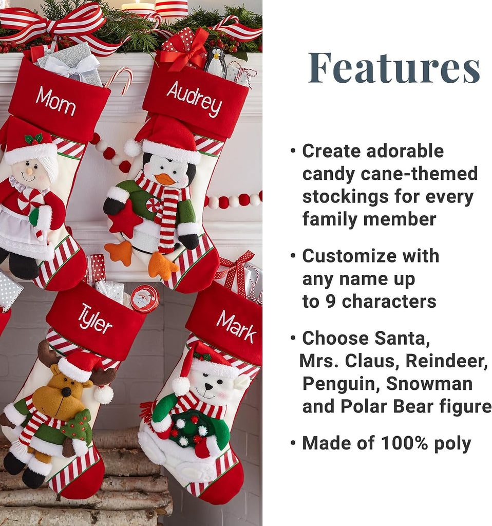 Personalized - Stockings for Family - Embroided - 3-D Plush - Christmas Decor - 8"x18" - Candy Cane Family - Snowman