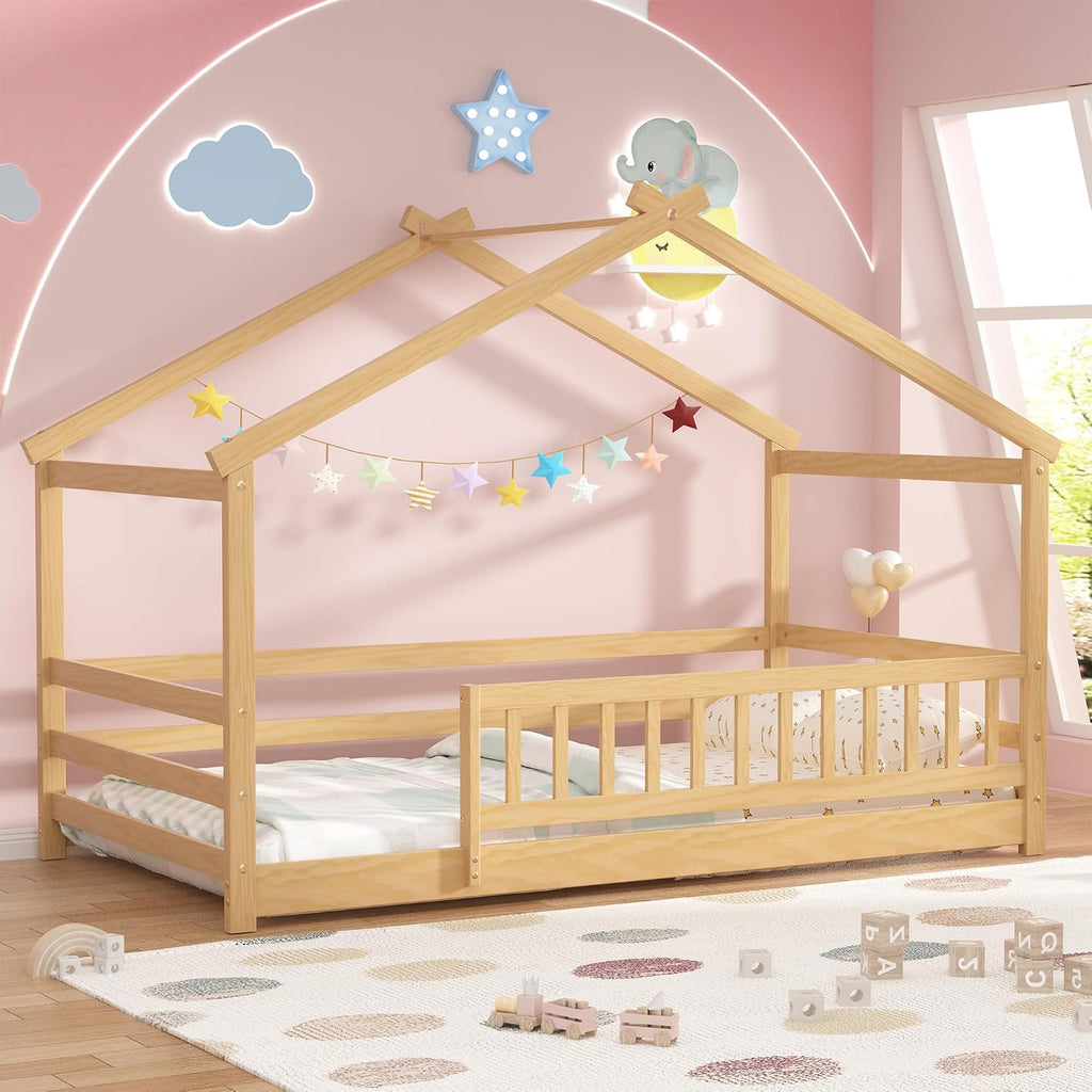 Twin Size House Bed for Kids, Twin Montessori Floor Bed with Roof and Guardrails, Solid Wood Low-Profile Frame