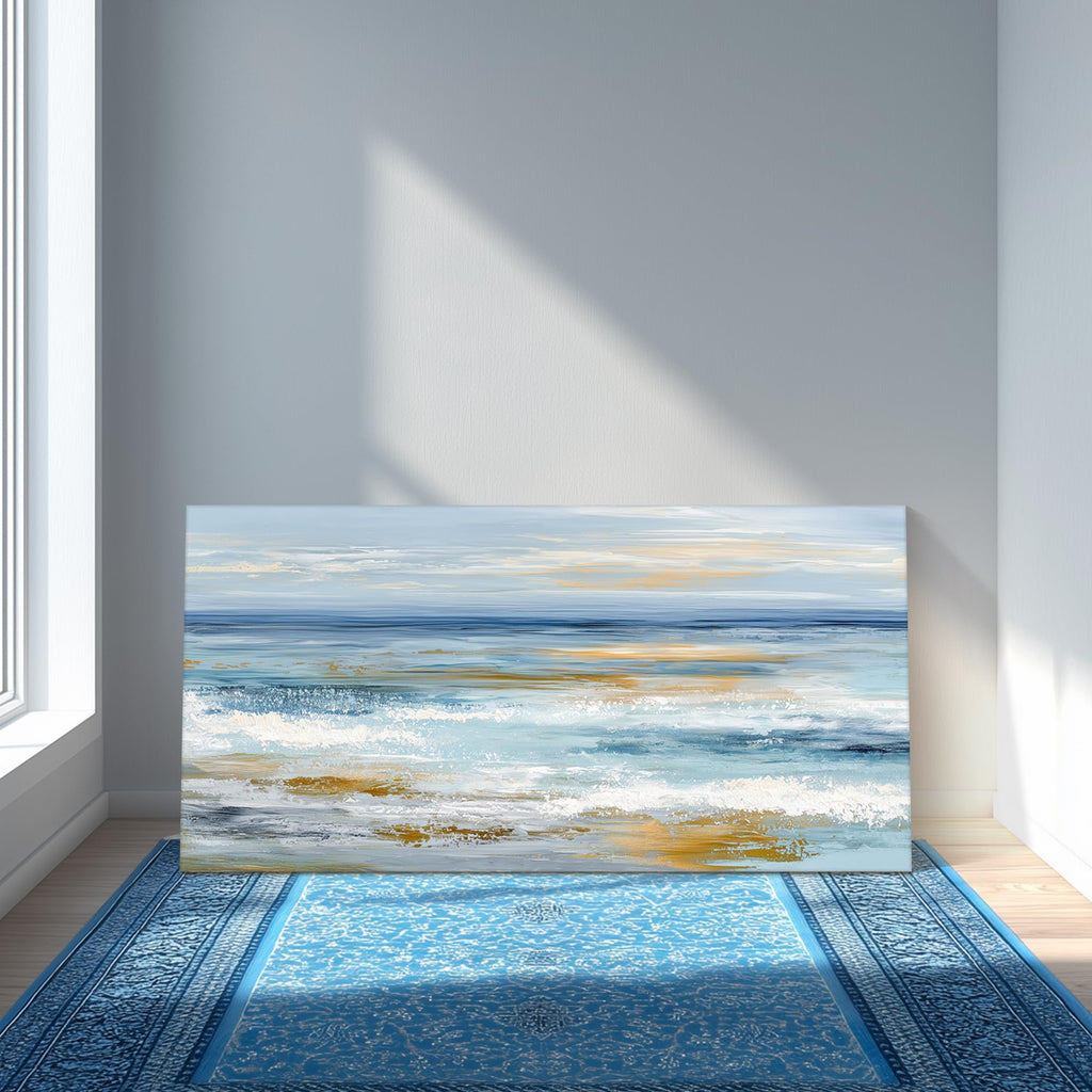 Oversized Large Abstract Coastal Canvas Wall Art, Gold Beach Sand Blue White Ocean Waves Modern Aesthetic Decor