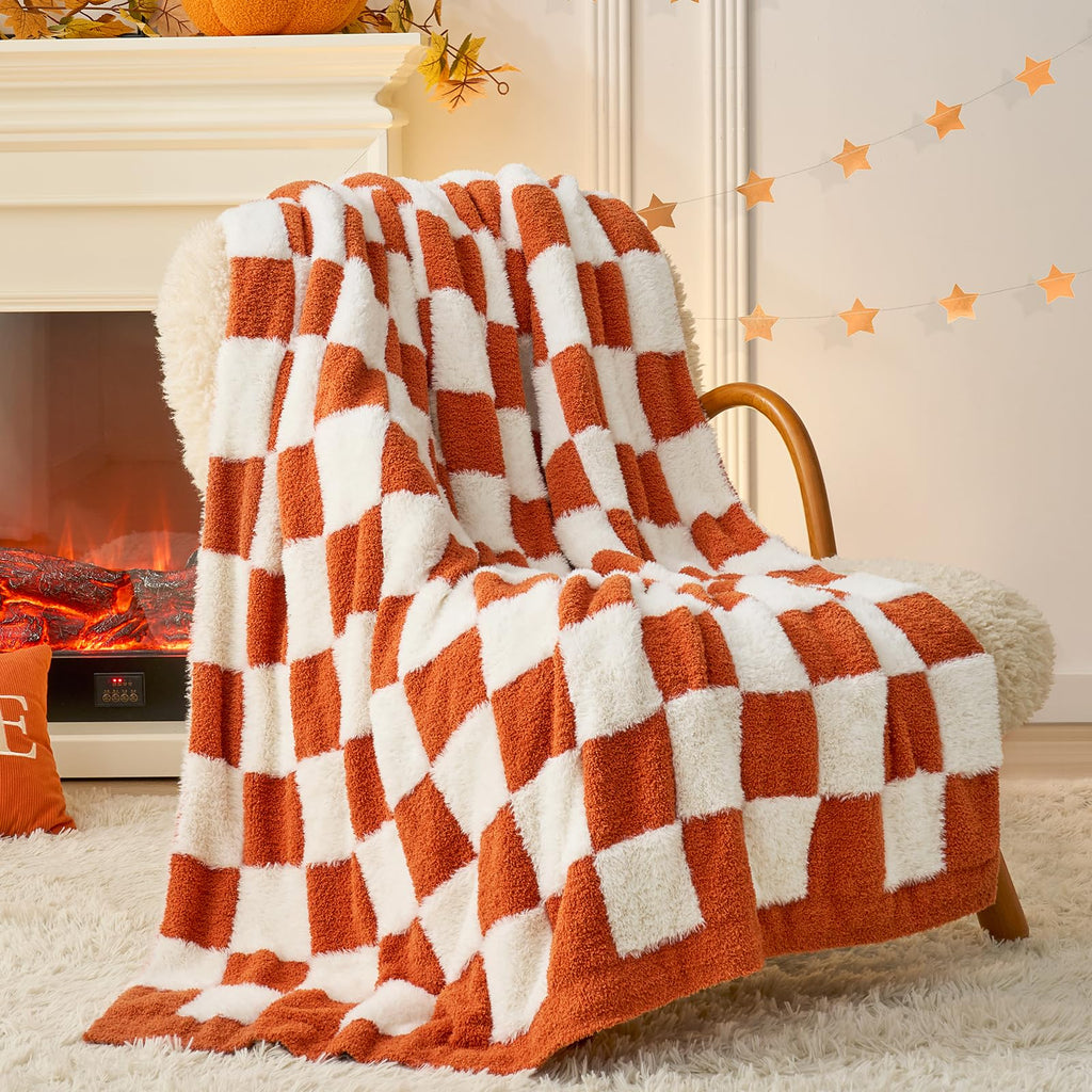 Orange Throw Blanket for Fall, Soft Twin Size Fall Checkered Blanket for Couch, Cozy Faux Fur Knit Microfiber Blankets