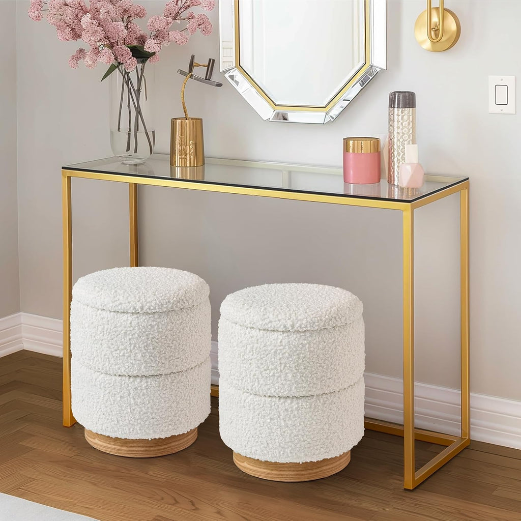 Round Ottoman with Storage, Modern Boucle Ottoman Upholstered Foot Stools with Wood Base, Vanity Stool Chair