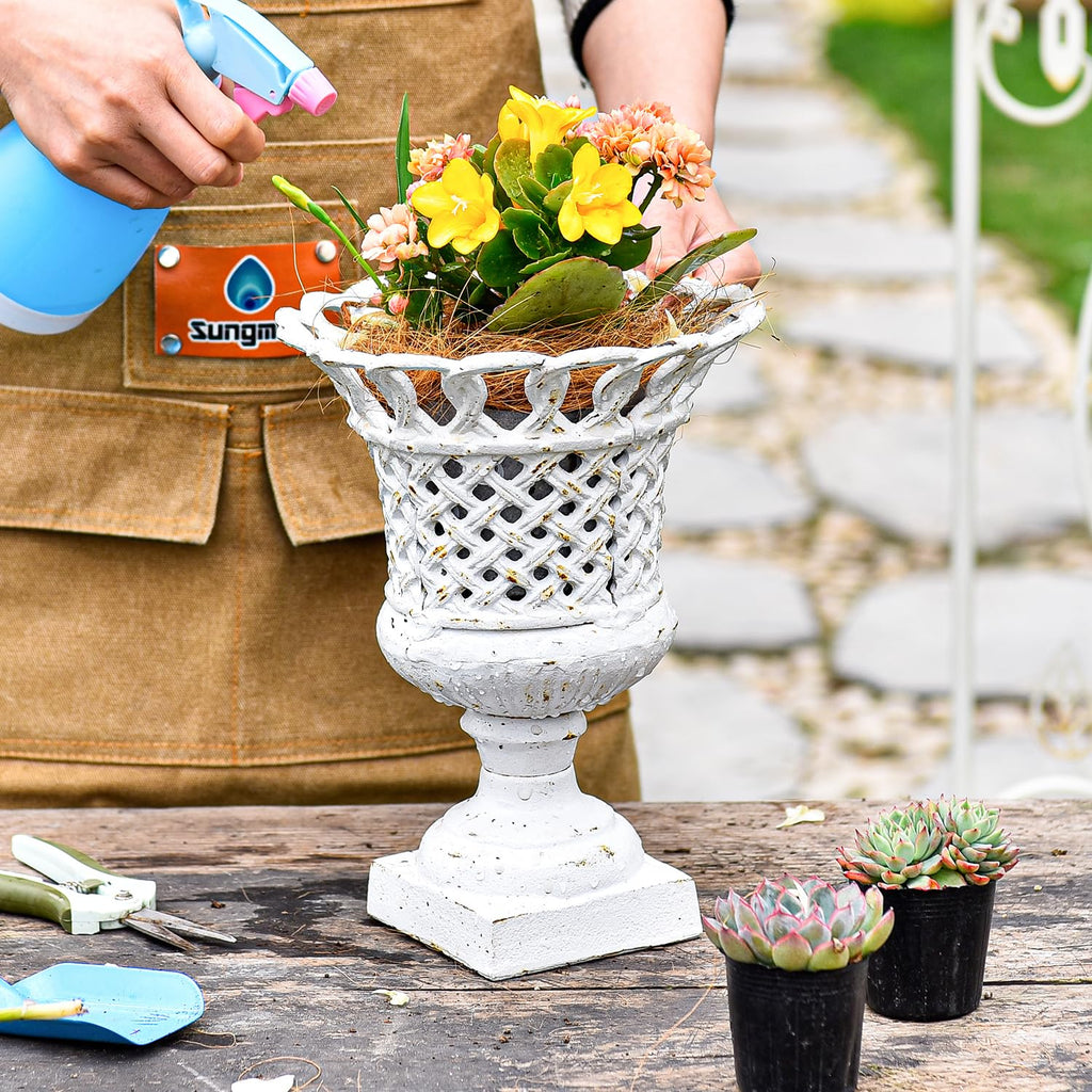 Cast Iron White Urn Planter - 10 Inches Hollow Trophy-Shaped Design