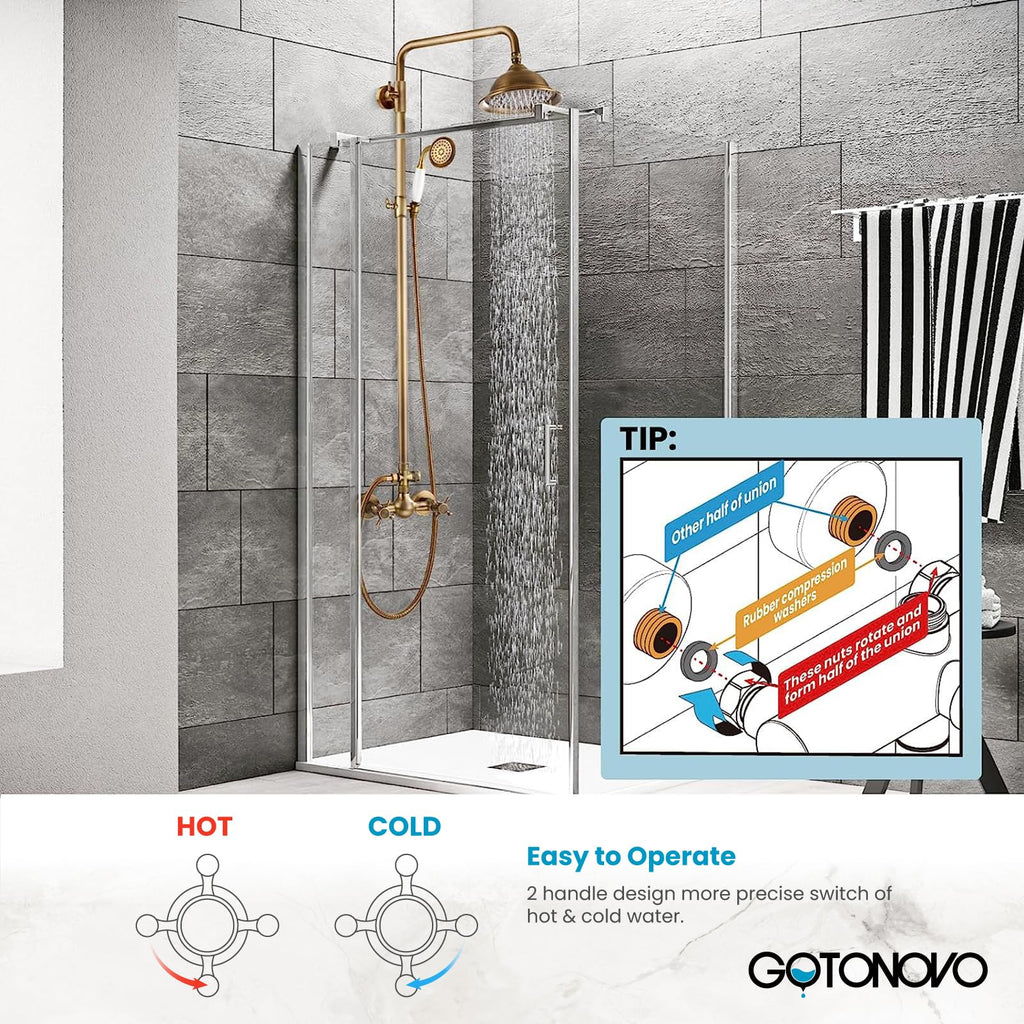 Exposed Shower System 8'' Head Antique Brass, No Shower Shelf
