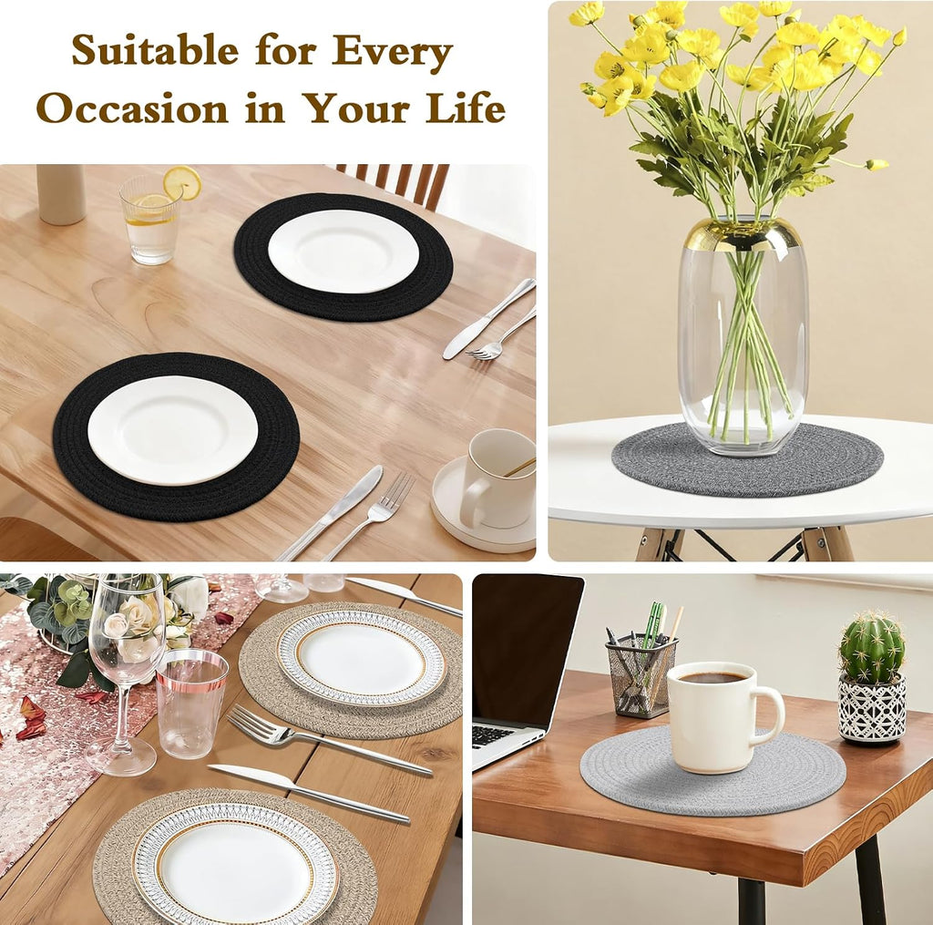 Round Placemats with Holder, Cotton Rope Woven Place Mats, Hot Pads, Heat Resistant Table Mats, 13 Inch - Set of 6