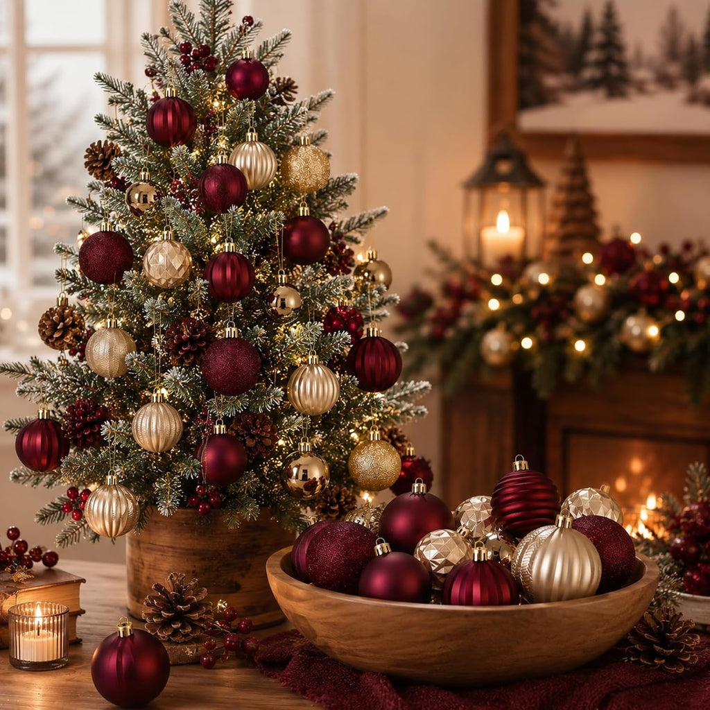 Burgundy and Gold Christmas Ball Ornament 1.57/1.97/2.36 Inch - Set of 64