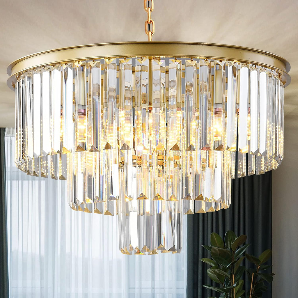 Gold Modern Crystal Chandelier, 3-Tier Round Flush Mount Ceiling Light Fixtures Height Adjustable Pendant Lighting