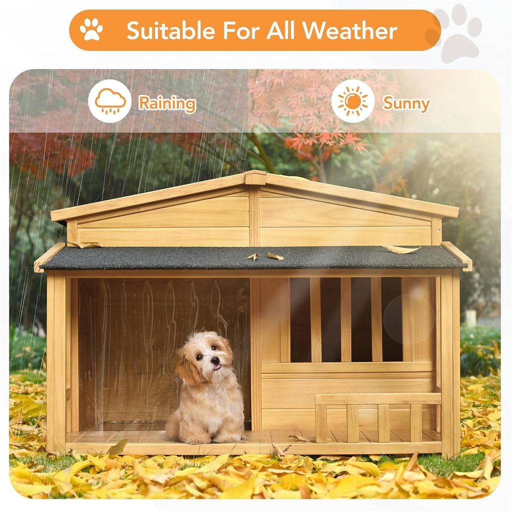 47.2" Medium Size Wooden Dog House with Porch Removable Door Curtain Pet Kennel Cabin Style Raised Dog Shelter