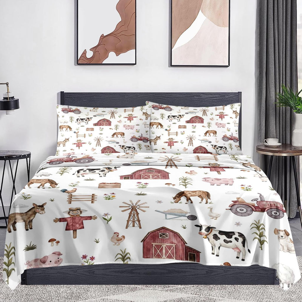 Bed Sheet Set, 4 Pieces Farmhouse Farm Bedding with Flat