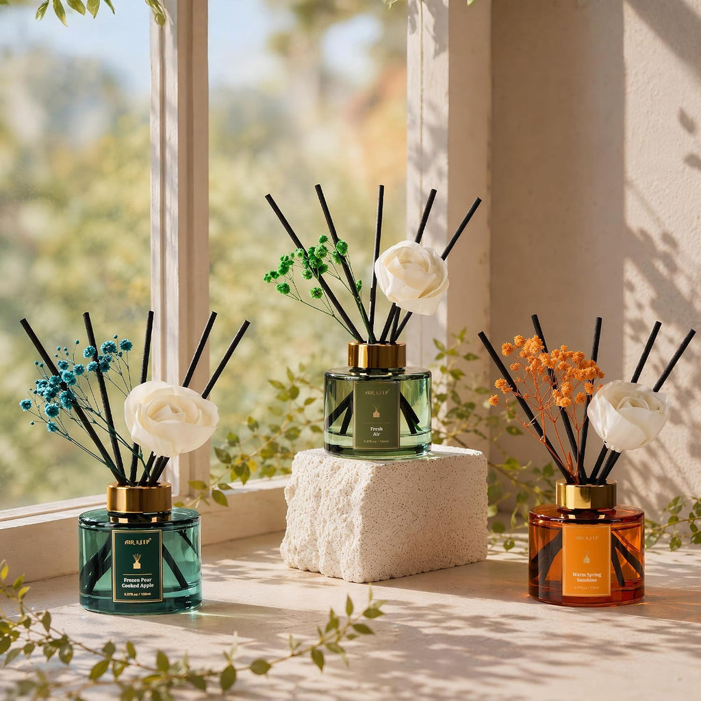 Flower Reed Diffusers Set, 5.07 oz Freesia/Passion Fruit/Orange Scented Oil Diffuser with 8 Reed Sticks, Home