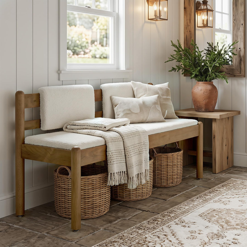 Solid Wood Entryway Bench, 49" Dining Bench with Back, Wood Settee Bench with Upholstered Seat, Farmhouse Bedroom