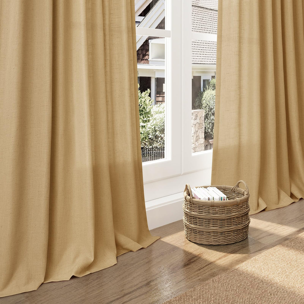 Extra Long Gold Yellow Linen Curtains 120 Inch 2 Panels Set Rod Pocket Back Tab Linen Window Drapes Semi Sheer Light