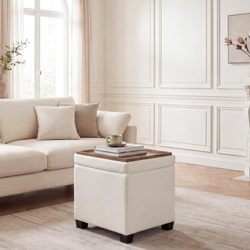 15 inch Square Storage Ottoman with Tray Lid, Modern Tufted Fabric Cube Coffee Table with Storage, Upholstered Ottoman
