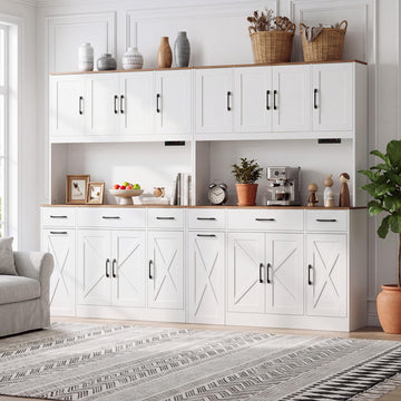 71" Kitchen Pantry Cabinet with Charging Station, Tall Buffet Sideboard with Solid Wood Top, Rolling Cart, 3 Drawers