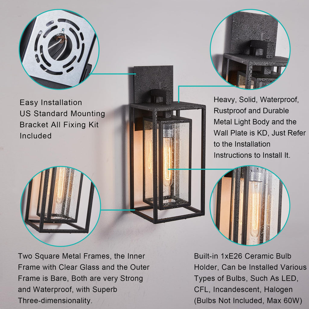 18"Ht Modern Industrial Outdoor Wall Light Fixture with Textured Black Anti-Rust Metal and Clear Glass, Wet Rated for