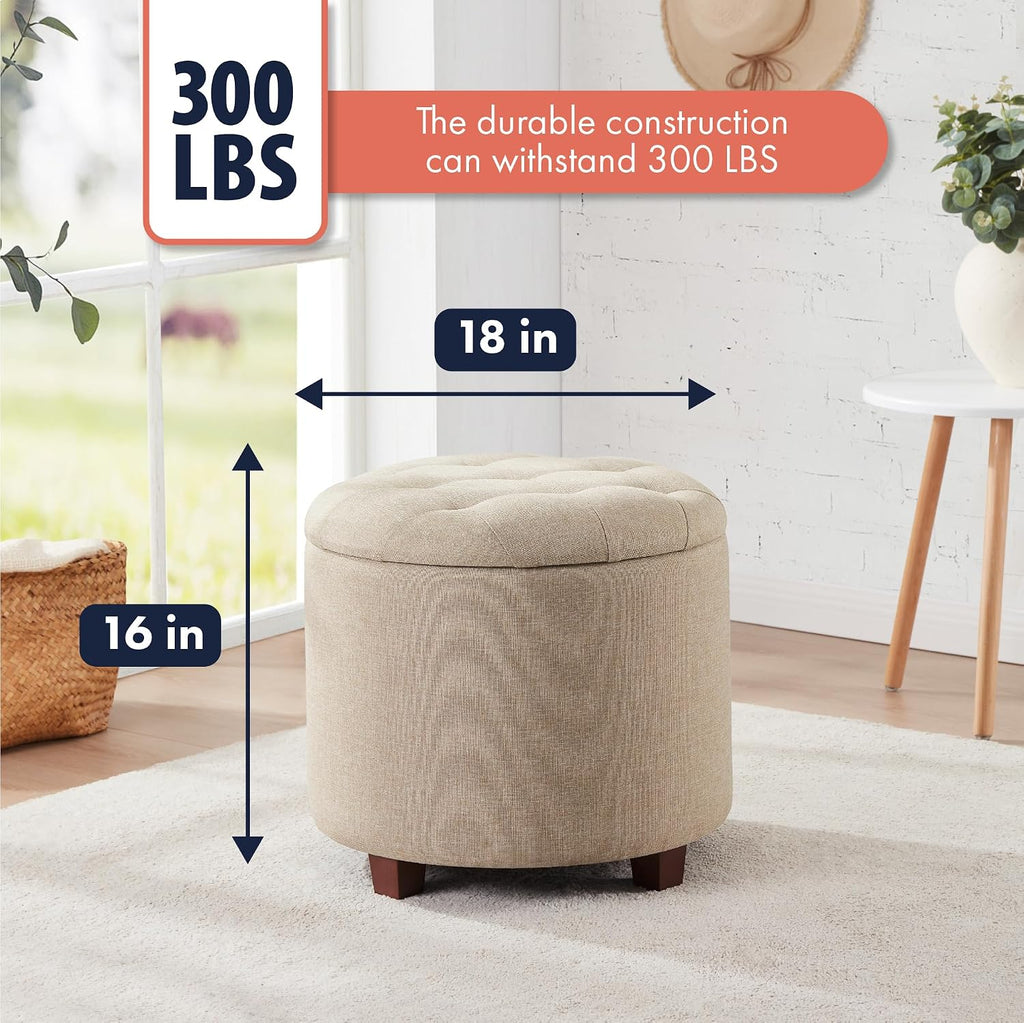 18" Round Storage Ottoman with Lid, Holds 300 lbs, Beige | Linen Tufted Fabric; Foot Rest Stool & Vanity Chair