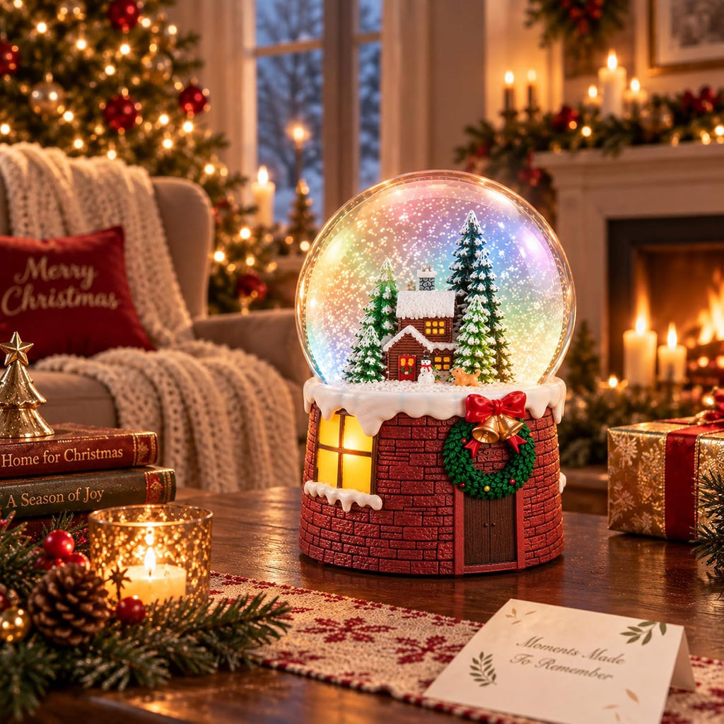 Christmas Snow Globe Music Box with Light, Falling Snow and Silent Night, Christmas Village Cottage Musical Snow