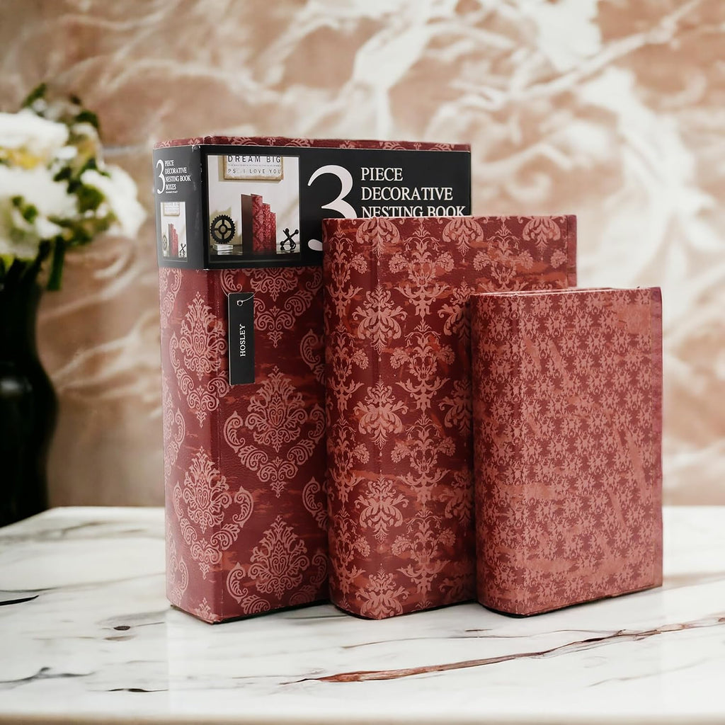 Farmhouse Memory Book Boxes, Red Brown & Gold, Decorative Nesting Storage Boxes 12 10 8 Inch, Faux Leather - Set of 3
