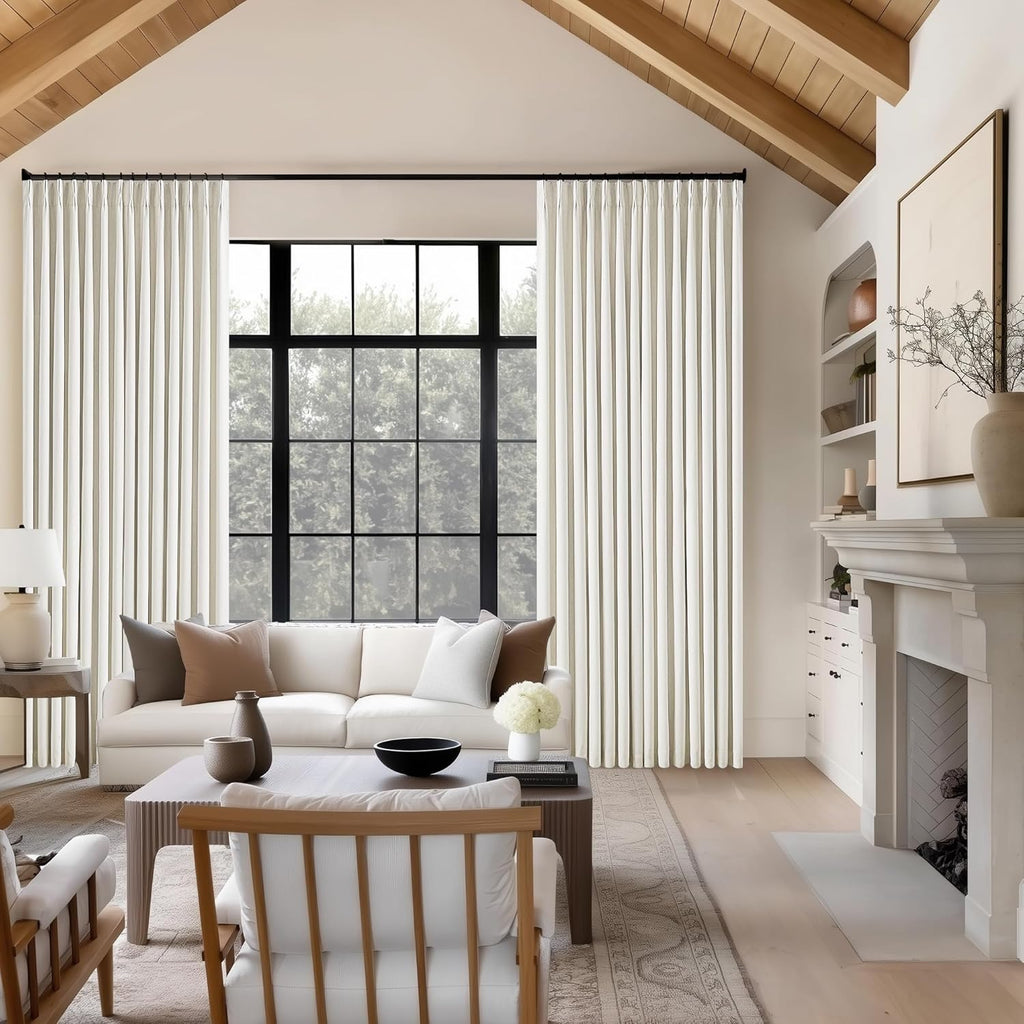 Pinch Pleated Linen Blackout Curtains 96 Inches Long for Living Room 2 Panel Set Cream Ivory 100% Black Out Pinch