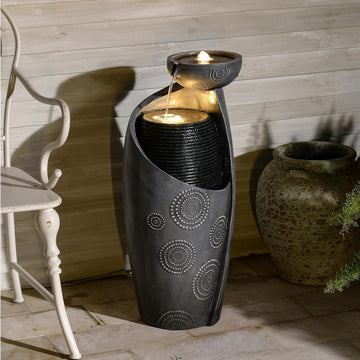 Outdoor Water Fountain Feature Indoor Garden Large Jar Floor Standing Fountains Waterfall with LED Light & Pump for Home Decor Office Yard Patio Deck Porch, 32 inches,Gray