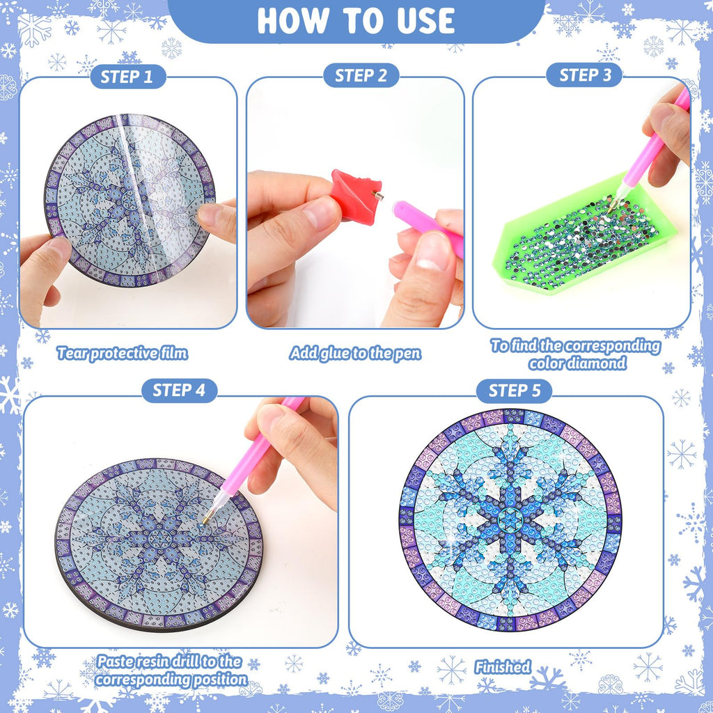 8 Pcs Snowflake Diamond Painting Coasters with Holder, Simple
