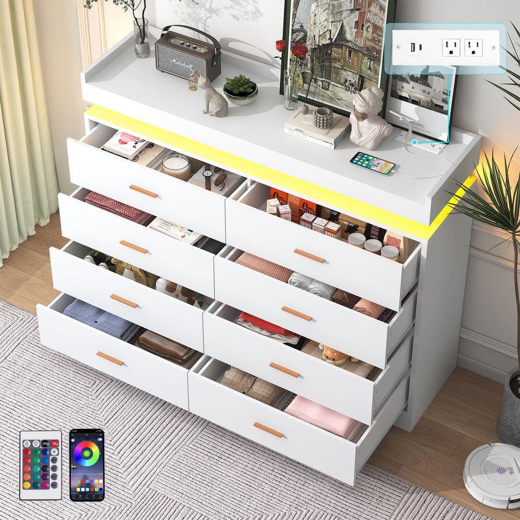 8 Drawer with Charging Station and LED Lights, Modern Chest of Drawers with Power Outlet, Organizer Cabinet, White