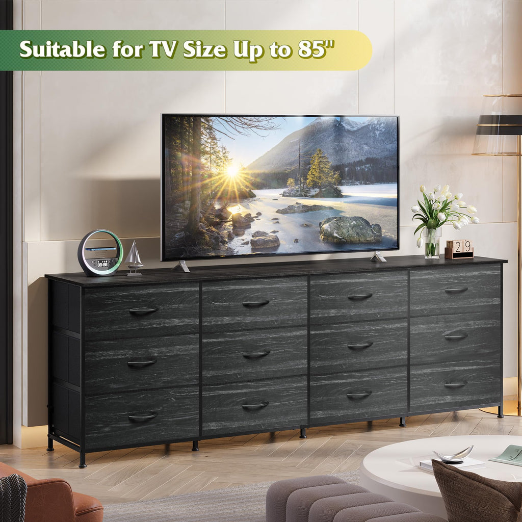 Dresser TV Stand for 85 Inch TV, 12 Drawer Dresser, Black Wood Grain