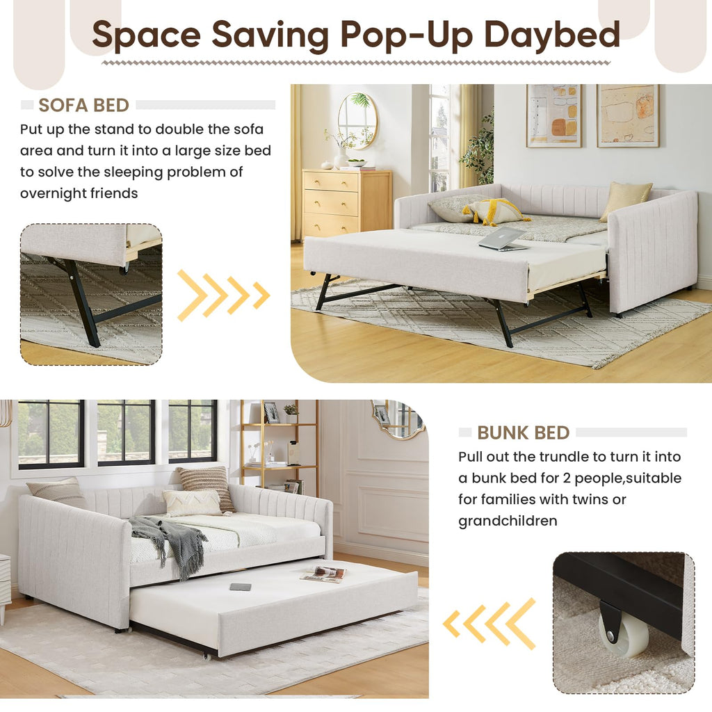 Daybed with Pop Up Trundle Bed, Modern Upholstered Linen Full Size Day Bed Frame with Stripes, Tufted Corner Sofa Bed