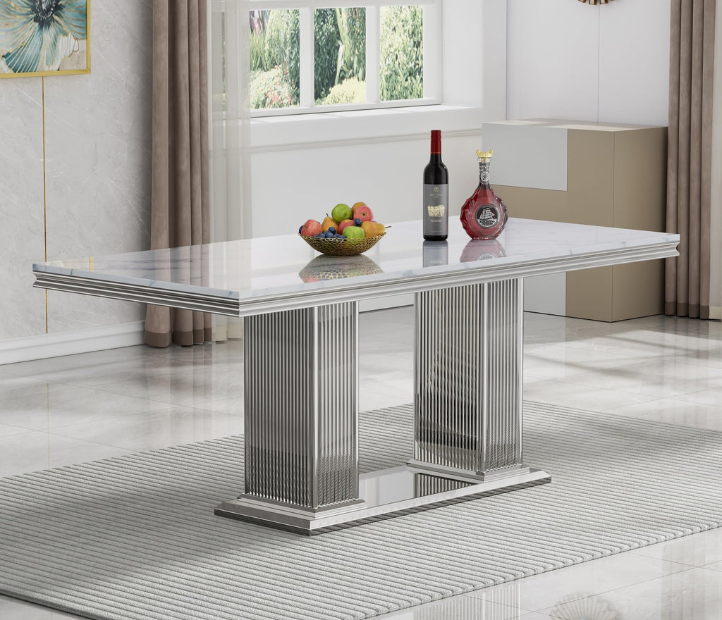 68'' Modern Faux Marble Dining Table for 4, Dual Pillar Silver Stainless Steel Pedestal, White Kitchen Table for 6