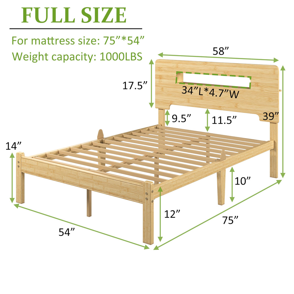 Full Size 12" Bamboo Bed Frame, Durable Platform Bed with Bamboo Outer Frame & Iron Slat Support, Stable & Noiseless