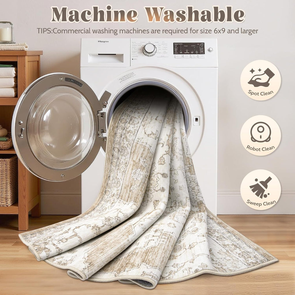 8x10 Washable Vintage Area Rug, Low Pile Non-Slip Neutral Carpet for Bedroom Dining Room Beige