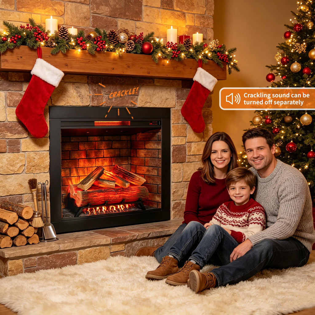 33" Electric Fireplace Insert w/Trim Kit, Hardwired or Plug-in, Realistic Crackling Sound & 4 Flame Colors, 1500W