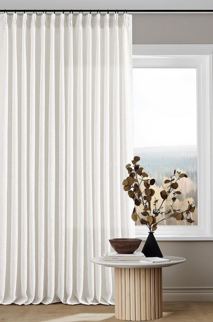 Beige White Pinch Pleated Linen Curtains 132 Inches Long 2 Panels