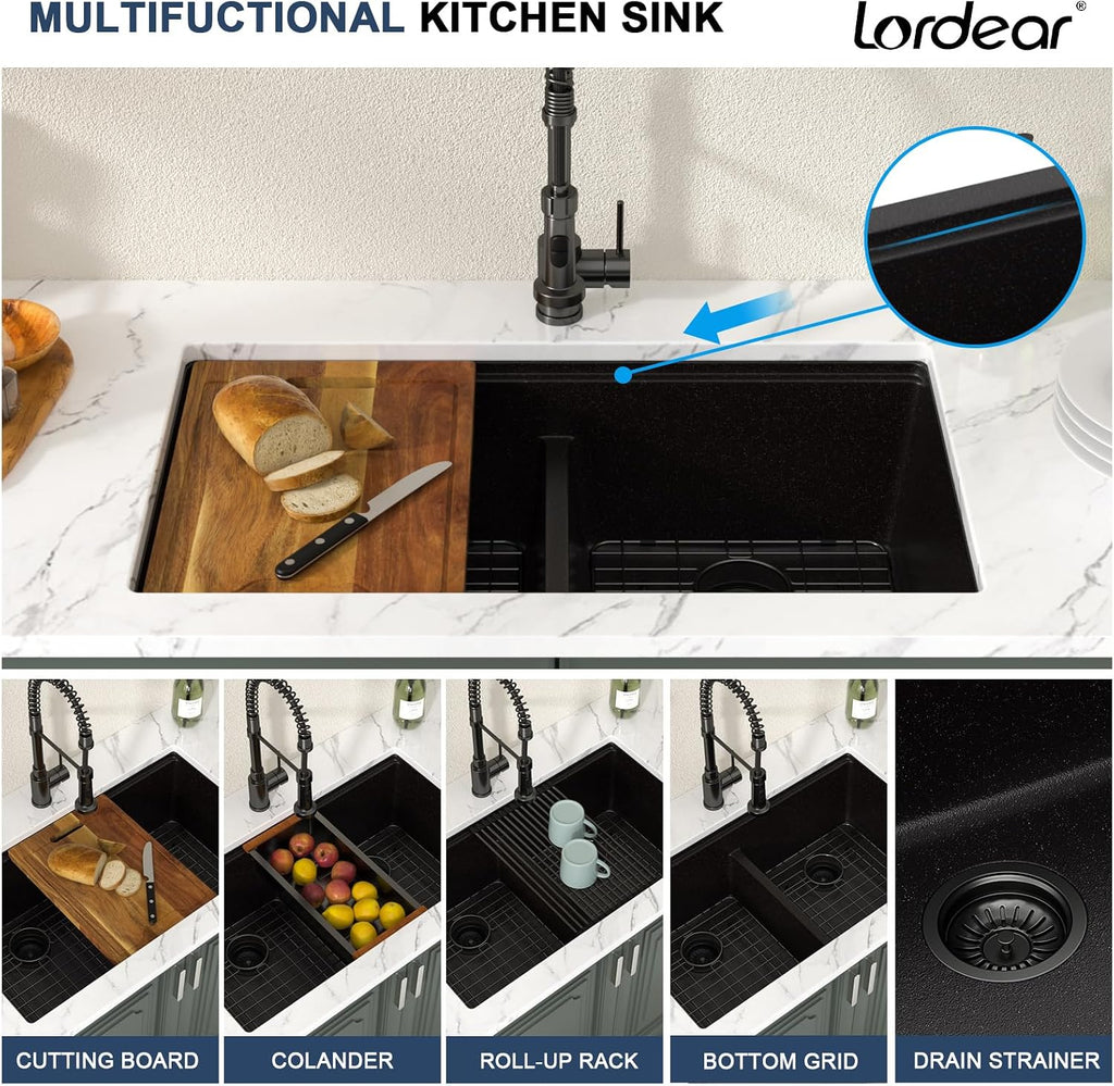 32 Inch Undermount Black Granite Double Bowl Sink Workstation 50/50 | Composite Granite Quartz Kitchen Sinks