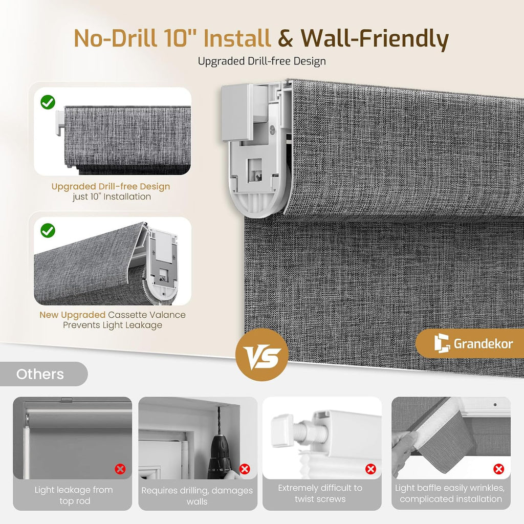 No Drill Blackout Roller Shades | Hemp-Dark Gray | Textured Fabric Blocks Sunlight & Protects Interiors with UV