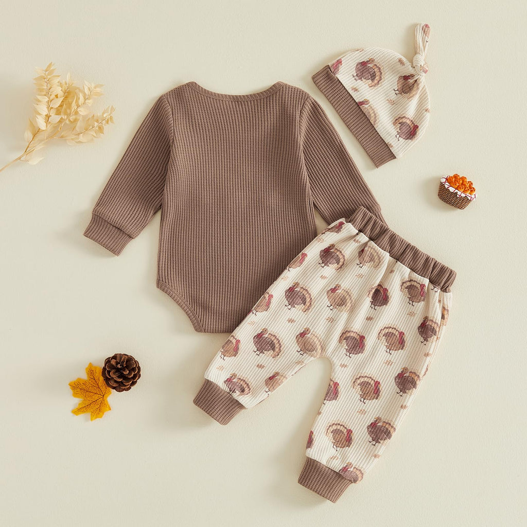 My 1st Thanksgiving Baby Boy Outfit Newborn Embroidered Waffle Long Sleeve Romper Turkey Pants Hat Set 3Pcs Clothes