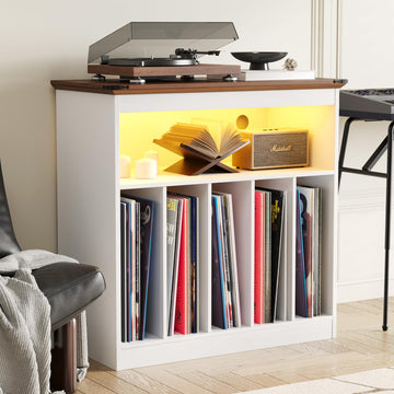 Farmhouse Large Record Player Stand with Power Outlets & LED Lights, Vinyl Record Stand hold up to 150 Albums