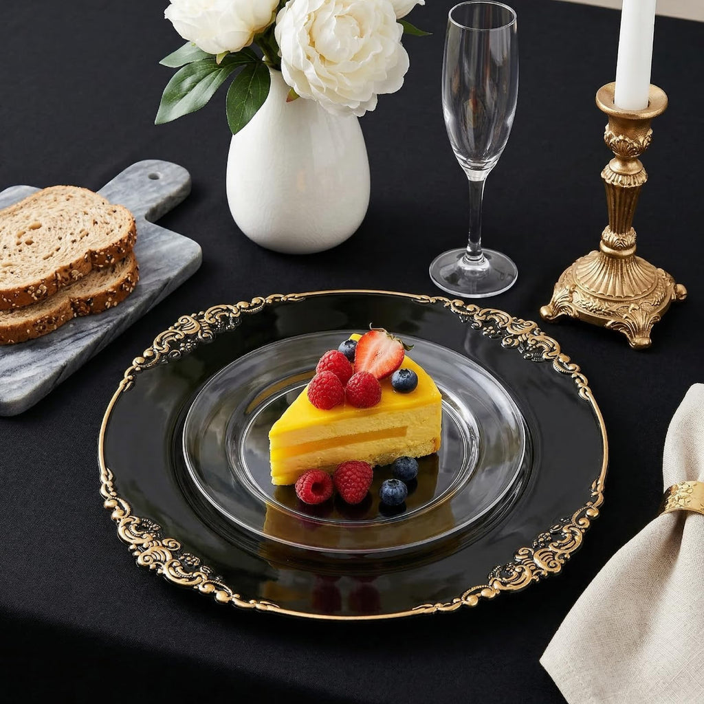 12 Pack Black Charger Plates with Floral Trim, 13" Plastic Vintage Black Chargers for Dinner Plates for Catering