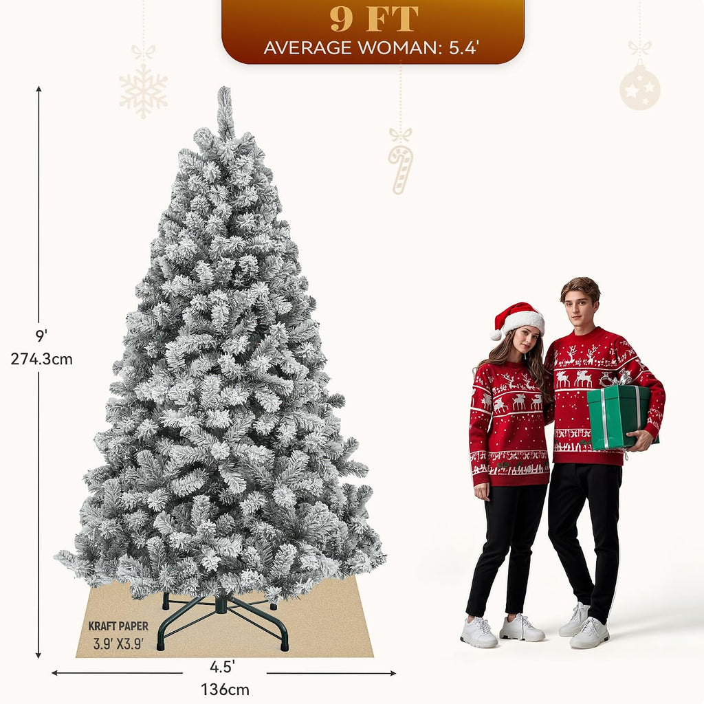 Prelit Snow Flocked Artificial Full Christmas Tree with Remote Control, Christmas Pine Tree with 11 Light-Modes