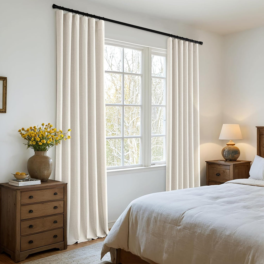100% Blackout Curtains 96 Inch Long 2 Panels Set, Cream Thick Faux Linen Black Out Curtain Room Darkening Pleated