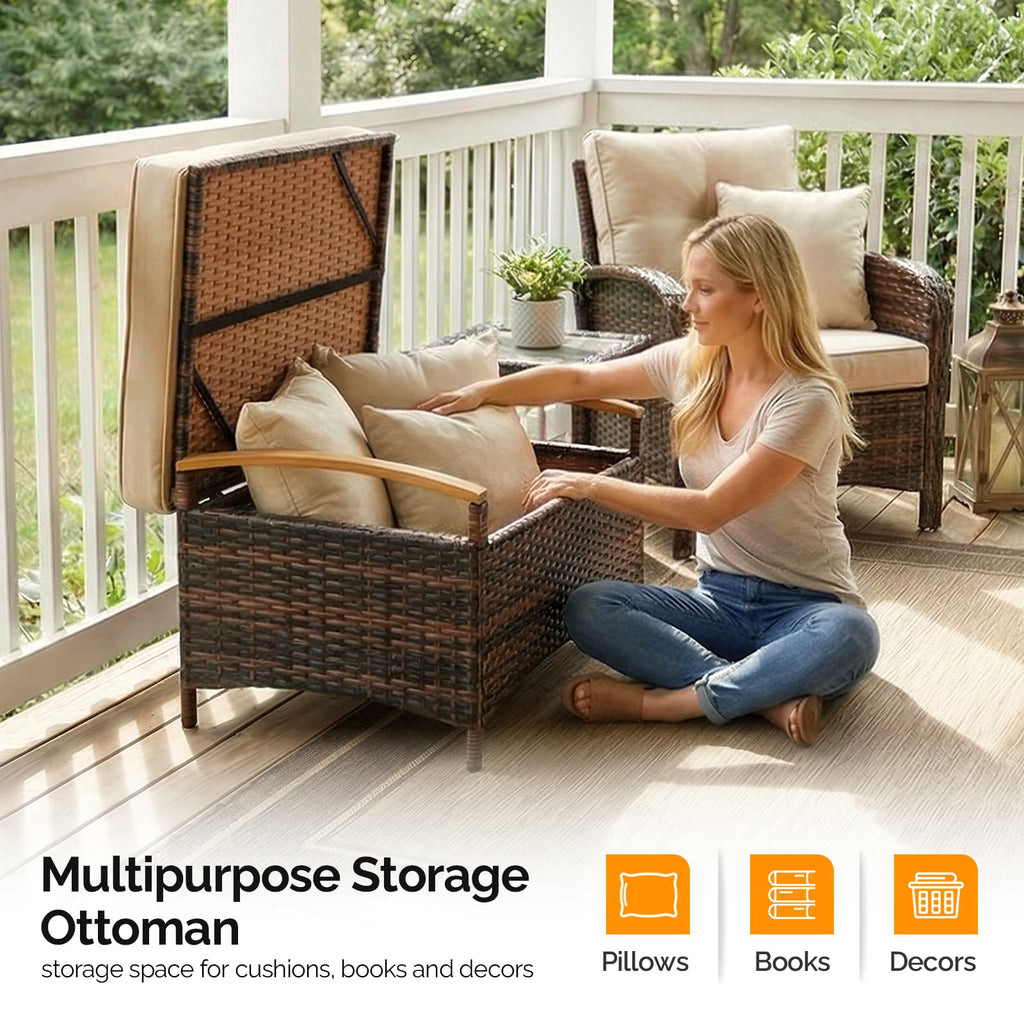 2 Pieces Rattan Ottoman with Storage, Wicker Patio Furniture w/Removable Cushion, Multipurpose Footrest Stool for
