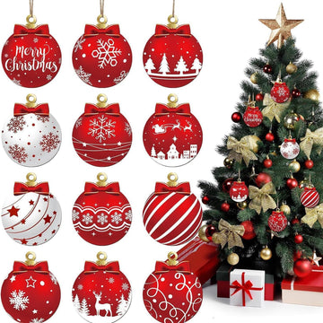 Red and White Christmas Ball Design Hanging Wooden Ornaments Set - Festive Winter Holiday Tree Decorations - Set of 12