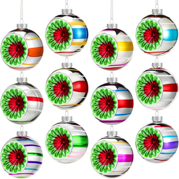 12 Pcs 3.15"/ 80mm Christmas Glass Ornaments Multicolored Reflector Balls Glass Vintage Christmas Tree Ornaments 60s