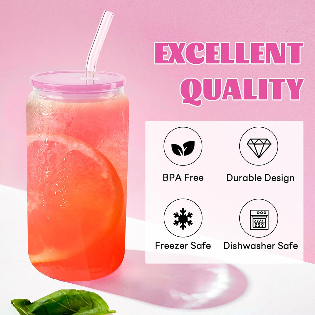 8pcs 16 oz Glass Cups with Acrylic Lids and Straws Can Shaped Iced Coffee Glasses Cute Tumbler Set Drinking Jars for