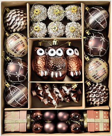 Christmas Ball Ornaments Set, 2.36 Inches Brown Gold Copper Assorted Xmas Tree Ball Ornaments, Shatterproof - Set of 38
