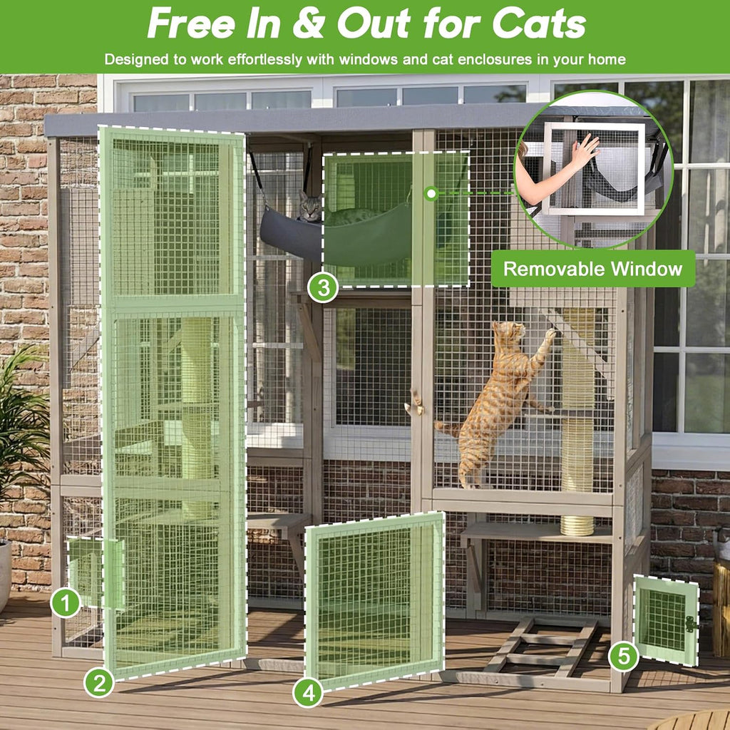 Large Catio Outdoor Cat Enclosure, Walk-in Cat Patio with 4 Levels, Cat Condo Hammock & Scratching Posts, Flat Roof