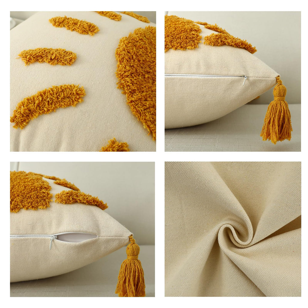 Boho Throw Pillow Covers 18x18, Woven Tufted Sun Decorative Pillow Covers with Tassels Moroccan Modern Pillowcase for